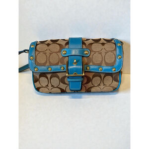 Coach Signature Canvas‎ Studded Flap Crossbody Bag Blue Leather 9758 Y2K Dustbag